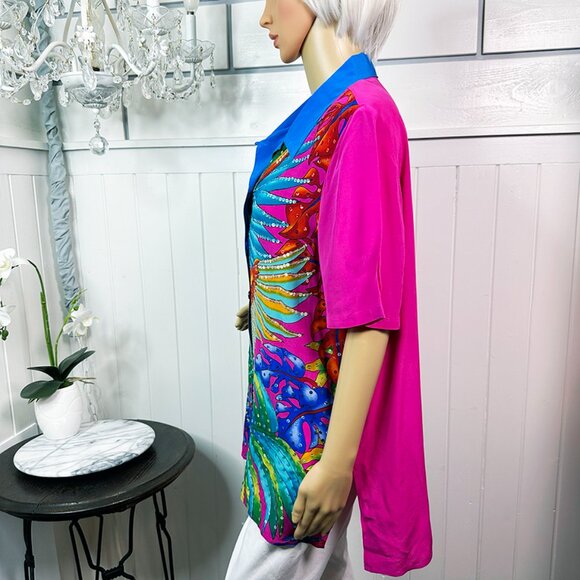 RARE Vintage Tropical Silk Shirt w/ Colorful Parrot & Sequins Rare Diana Gilman - Picture 4 of 9